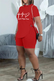 Red Fashion Casual Print Bandage Slit O Neck Short Sleeve Two Pieces
