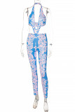 Blauwe mode sexy print backless halter skinny jumpsuits