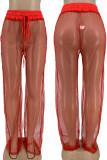 Tangerine Red Sexy Solid Patchwork See-through Straight High Waist Wide Leg Solid Color Bottoms