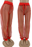 Red Sexy Solid Patchwork See-through Straight High Waist Pencil Solid Color Bottoms