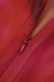 Dos piezas de manga larga con cuello en O transparente de patchwork con estampado sexy rojo