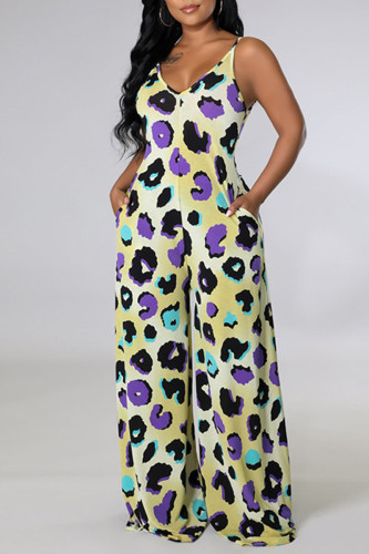 Yellow Casual Print Patchwork Spaghetti Strap Straight Jumpsuits