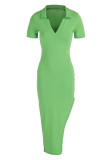ライトグリーンのセクシーなソリッドパッチワークスリットターンダウンカラードレス