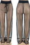 Negro Sexy Retazos lisos Transparente Recto Cintura alta Pierna ancha Pantalones de color sólido