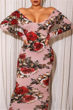 Розовые модные повседневные базовые платья с круглым вырезом и длинными рукавами с принтом