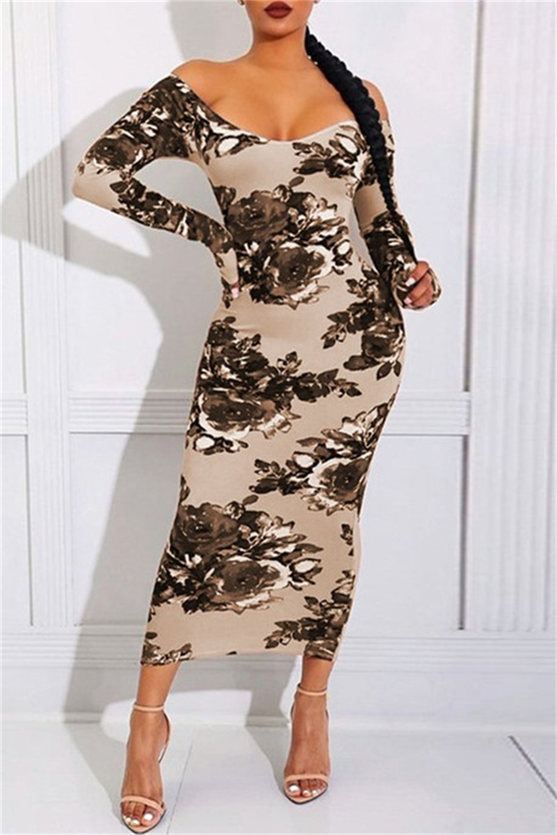 

Coffee Fashion Casual Print Basic O Neck Long Sleeve Dresses