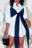 ホワイト ファッション カジュアル ソリッド パッチワーク ボウ ターンダウン カラー シャツ ドレス ドレス