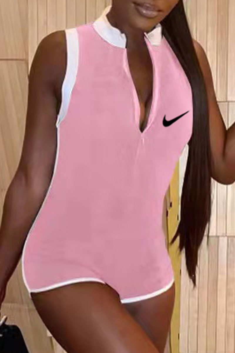 

Pink Fashion Casual Print Split Joint O Neck Jumpsuits