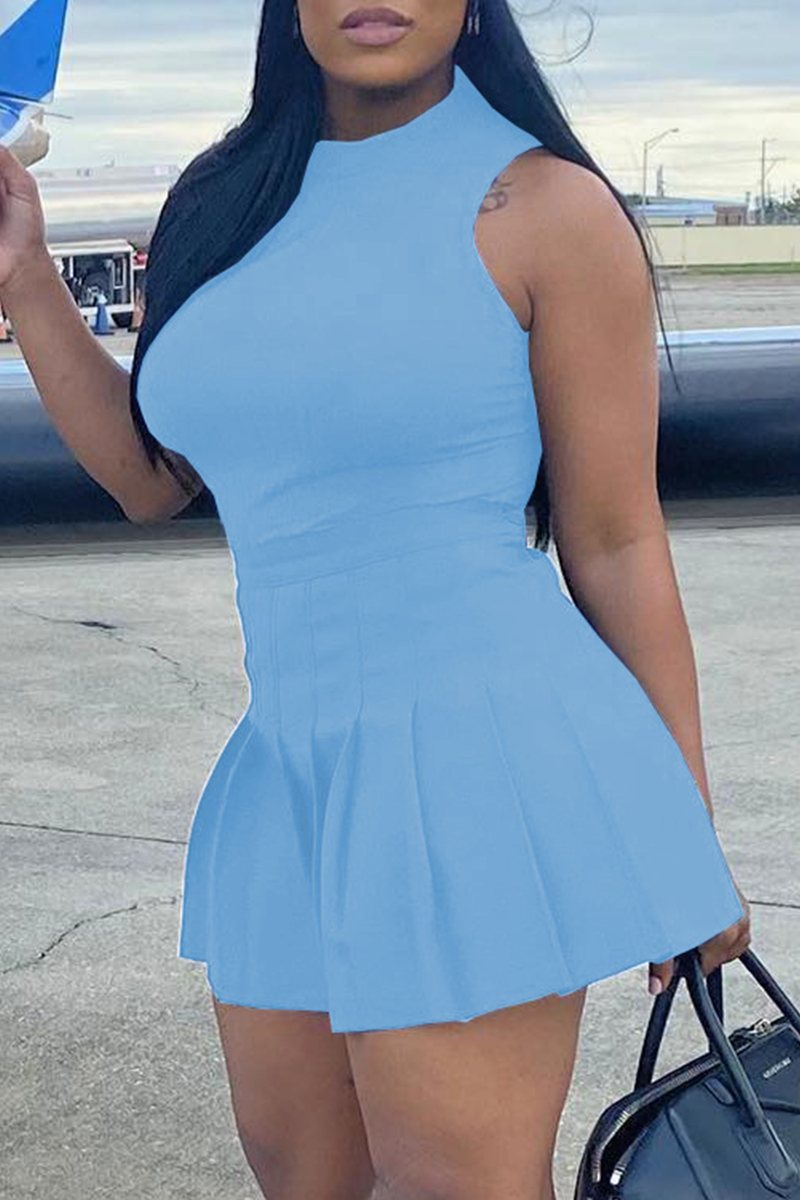 

Light Blue Fashion Casual Solid Split Joint O Neck Sleeveless Two Pieces