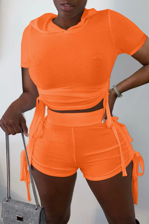 Arancione Moda Casual Solid Bandage Colletto Con Cappuccio Manica Corta Due Pezzi