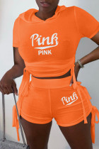 オレンジファッションカジュアルレタープリント包帯フード付き襟半袖XNUMX枚