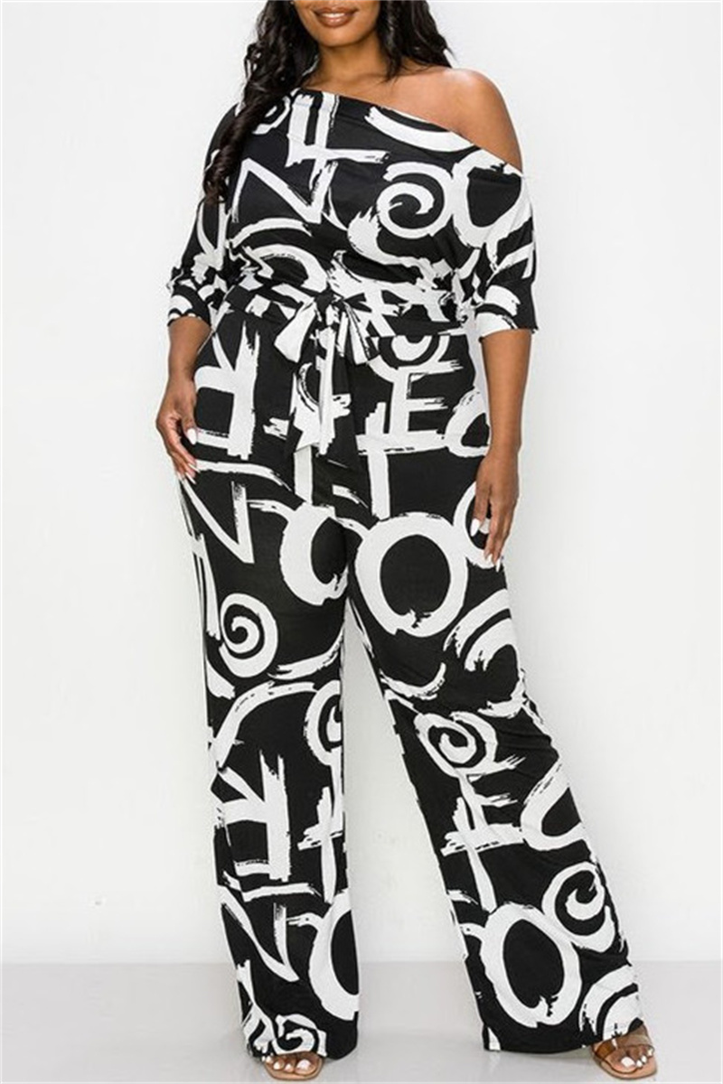 

Black Fashion Casual Letter Print Basic Oblique Collar Plus Size Jumpsuits