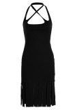 Черные сексуальные однотонные платья-юбки-карандаши с кисточками в стиле пэчворк