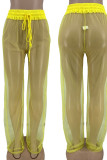 Yellow Sexy Solid Patchwork See-through Straight High Waist Wide Leg Solid Color Bottoms