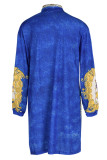 Blauwe Casual Print Patchwork Gesp Turndown Kraag Shirt Jurk Plus Size Jurken