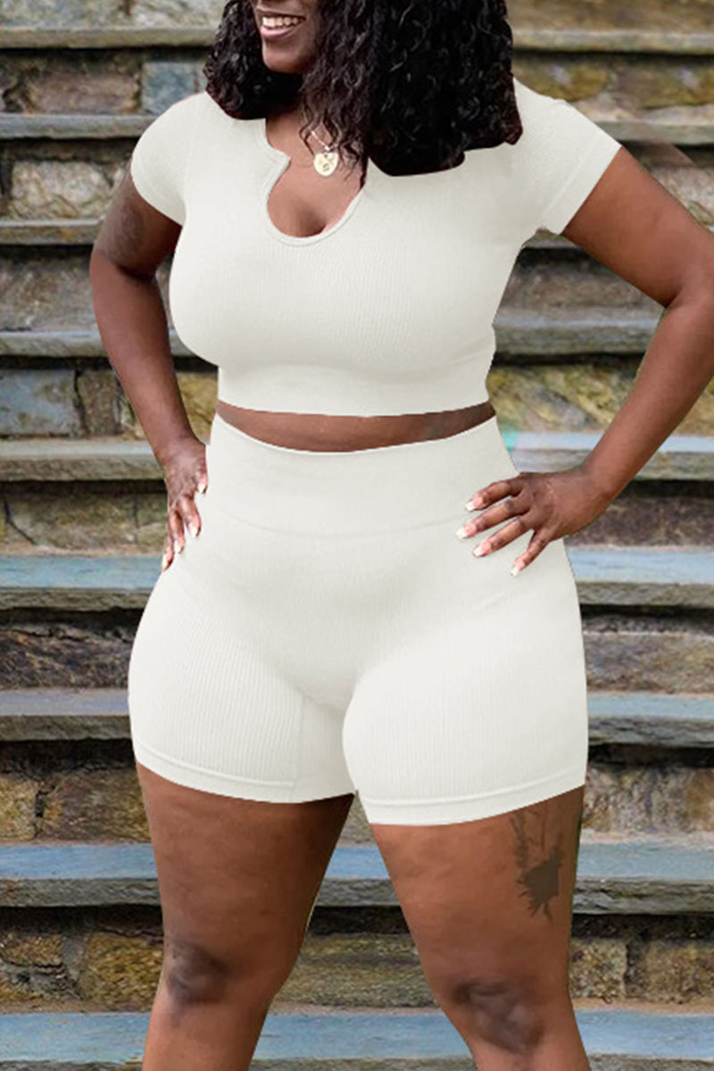 

White Casual Solid Split Joint V Neck Plus Size Two Pieces