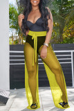 Yellow Sexy Solid Patchwork See-through Straight High Waist Wide Leg Solid Color Bottoms