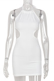 White Fashion Sexy Solid Bandage Backless O Neck Sleeveless Dress Dresses