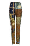 Pantalones de color caqui con estampado de calle y patchwork con borlas, rectos, cintura media, rectos, con estampado completo