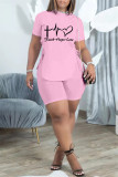 Pink Fashion Casual Print Bandage Slit O Neck Short Sleeve Two Pieces