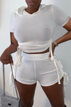 ホワイトファッションカジュアルソリッド包帯フード付き襟半袖ツーピース