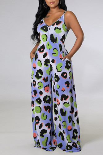 Blue Casual Print Patchwork Spaghetti Strap Straight Jumpsuits