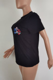 Schwarze, modische, lässige Print-Basic-T-Shirts mit O-Ausschnitt