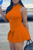 Оранжевый модный повседневный однотонный пэчворк с круглым вырезом без рукавов из двух частей