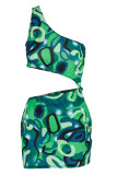Green Sexy Print Patchwork Oblique Collar Pencil Skirt Dresses