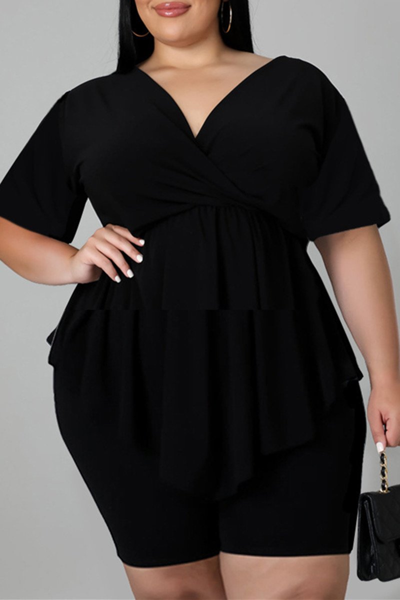 

Black Fashion Casual Solid Split Joint Asymmetrical V Neck Plus Size Two Pieces