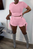 ピンクのファッションカジュアルな固体包帯フード付き襟半袖XNUMXピース
