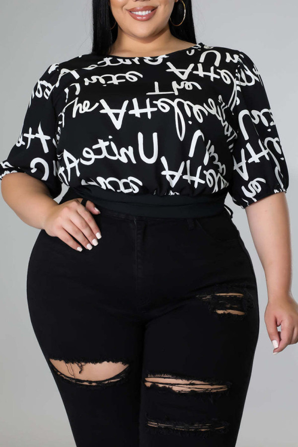 Black Sexy Street Print Bandage Patchwork Backless O Neck Plus Size Tops