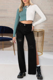 Jeans jeans preto moda casual sólido rasgado com fenda cintura alta regular