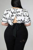 Branco Sexy Street Print Bandage Patchwork Backless O Neck Plus Size Tops