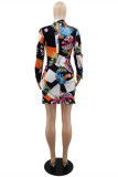 Multicolor Fashion Casual Print Fold Turndown Collar Long Sleeve Dresses