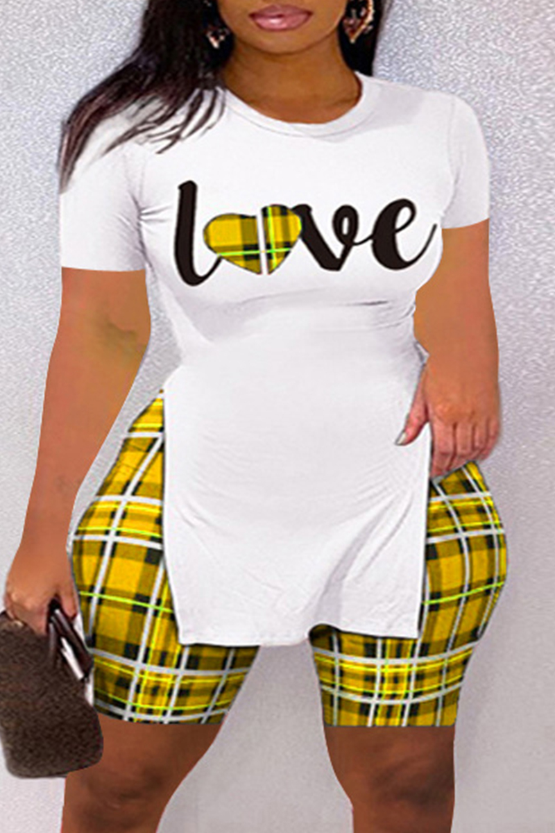 

Yellow Fashion Casual Letter Print Slit O Neck Plus Size Two Pieces