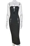 黒のファッションセクシーなソリッド中空パッチワークバックレスストラップレスロングドレス