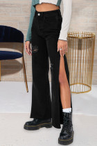Black Fashion Casual Solid Slit High Waist Regular Thigh Split Ripped Denim Jeans