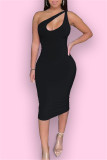 Black Sexy Casual Solid Hollowed Out Backless One Shoulder Sleeveless Dress