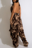 Coffee Sexy Print Patchwork Backless Halter Loose Jumpsuits(Without Belt)