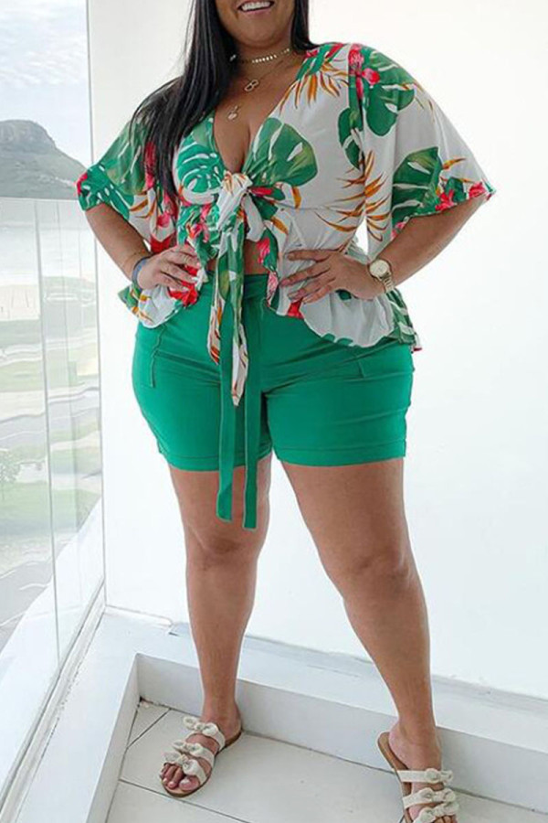 Groene Mode Casual Print Basic V-hals Plus Size Two Pieces