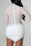 White Fashion Sexy Patchwork Hot Drilling See-through Asymmetrical Turtleneck Long Sleeve Dresses