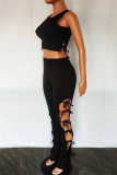 Black Fashion Casual Solid Bandage O Neck Sleeveless Two Pieces