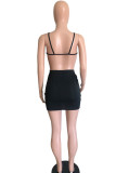 Black Sexy Solid Patchwork Asymmetrical Spaghetti Strap Sleeveless Two Pieces