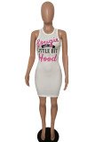 White Pink Fashion Casual Print Basic O Neck Vest Dress Dresses