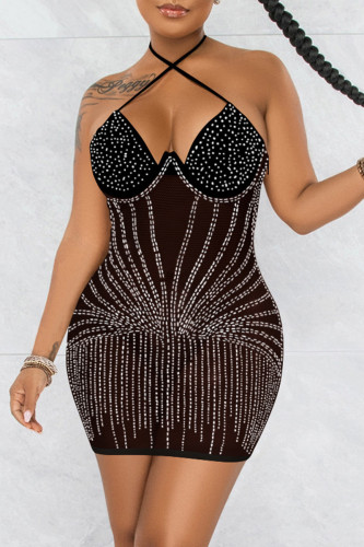 Black Fashion Sexy Patchwork Hot Drilling Bandage See-through Backless Halter Robe sans manches Robes
