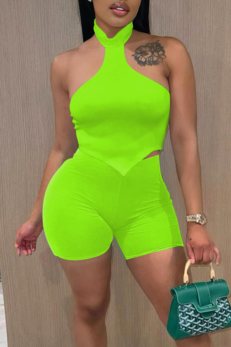 

Fluorescent Green Sexy Sportswear Solid Split Joint Asymmetrical Halter Sleeveless Two Pieces