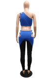 Blue Sexy Casual Solid Hollowed Out Patchwork Backless One Shoulder Sleeveless Two Pieces