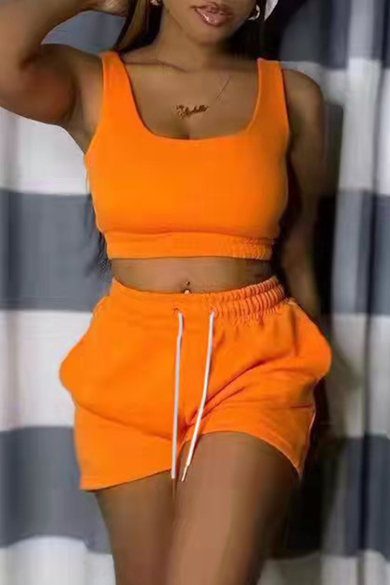 

Orange Casual Sportswear Solid Basic U Neck Sleeveless Two Pieces