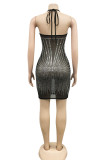 Black Fashion Sexy Patchwork Hot Drilling Bandage See-through Backless Halter Sleeveless Dress Dresses